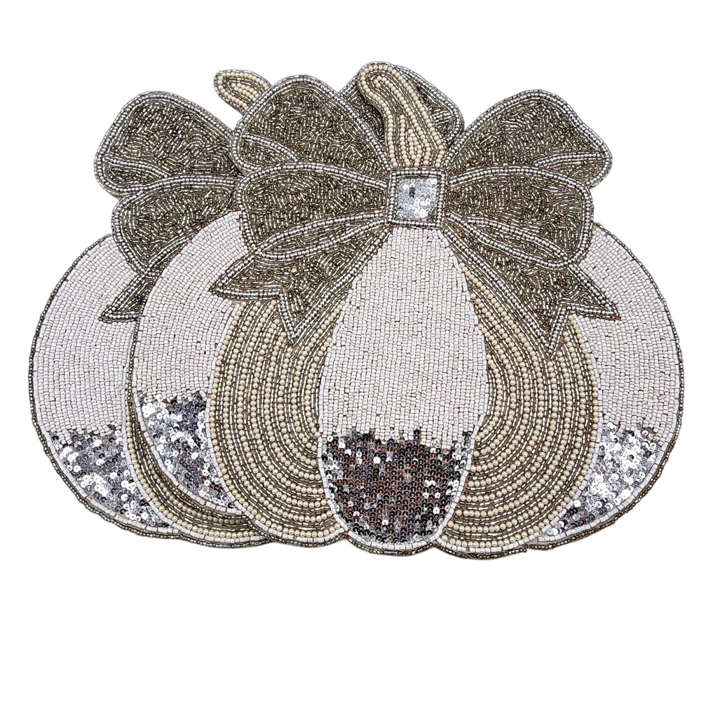 Rachel Zoe Pumpkin With Bow Beaded Placemats Chargers Fall Thanksgiving 2 Pc 15"